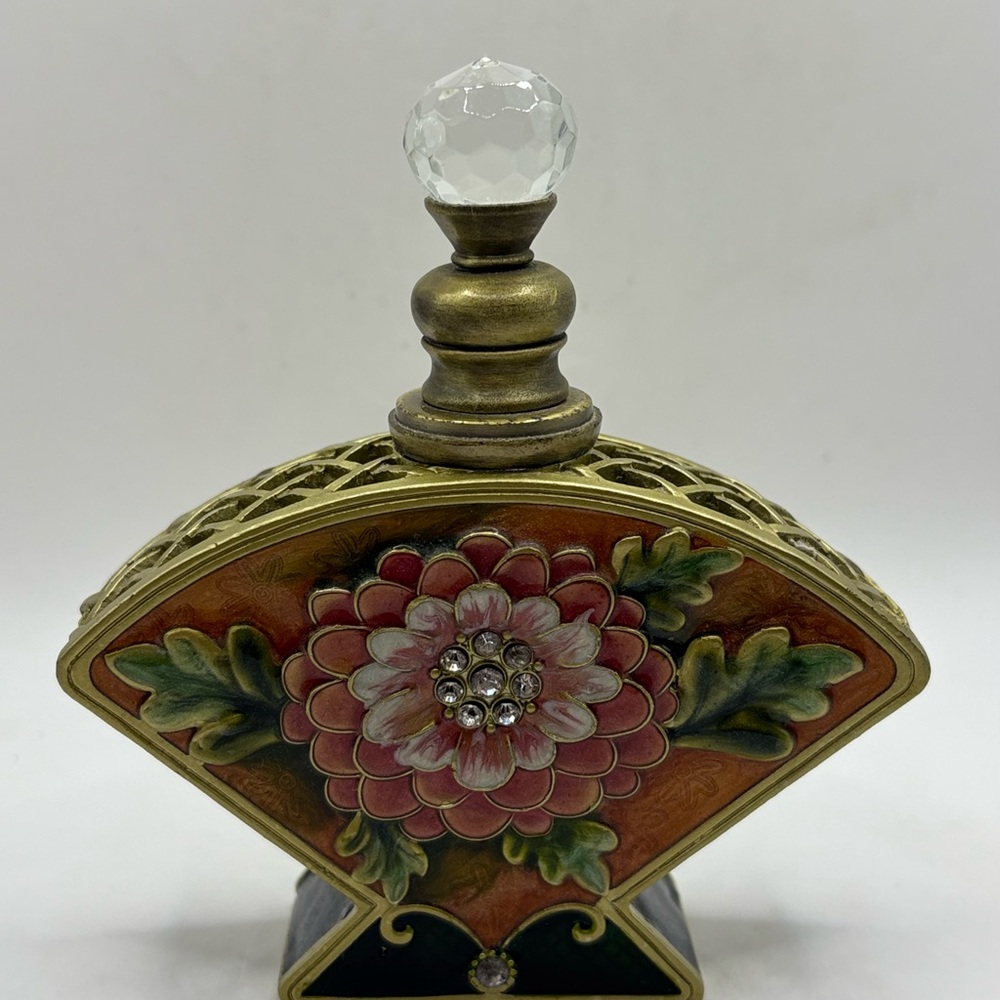 Perfume Bottle Brass Filigree Metal Epoxy Floral W/Rhinestones Screw Cap